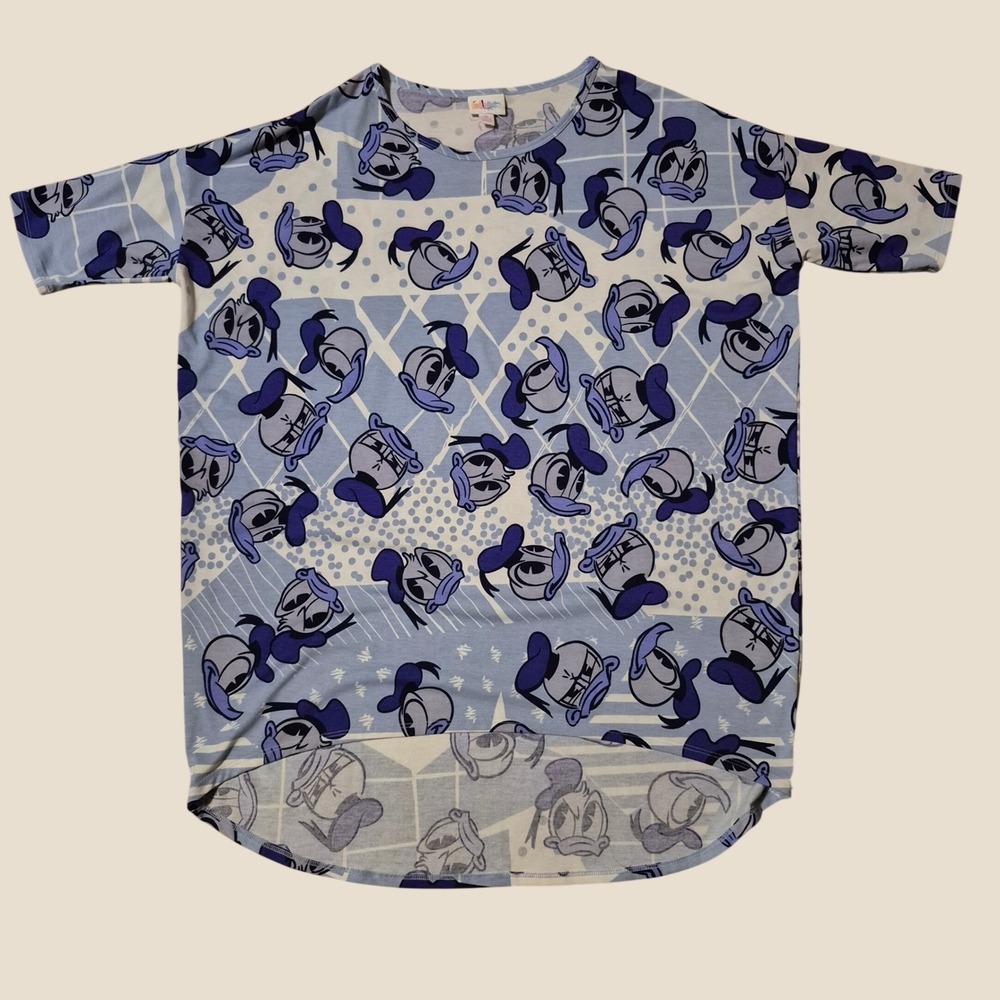 LuLaRoe Donald Duck Tunic M Disney Irma Short Sleeve High Low Blue Top